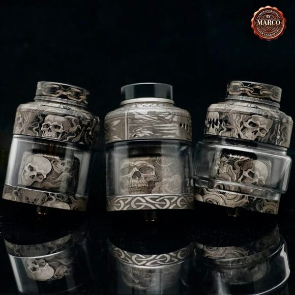 Atomizzatore NIGHTMARE engraved skull Relic Black/SS XL RTA 40mm SUICIDE MODS By Marco - immagine 3