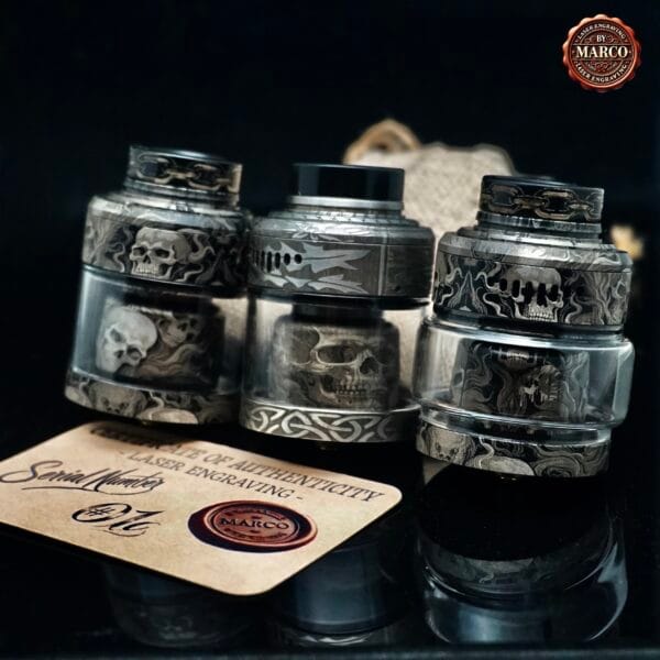 Atomizzatore NIGHTMARE engraved skull Relic Black/SS XL RTA 40mm SUICIDE MODS By Marco - immagine 2